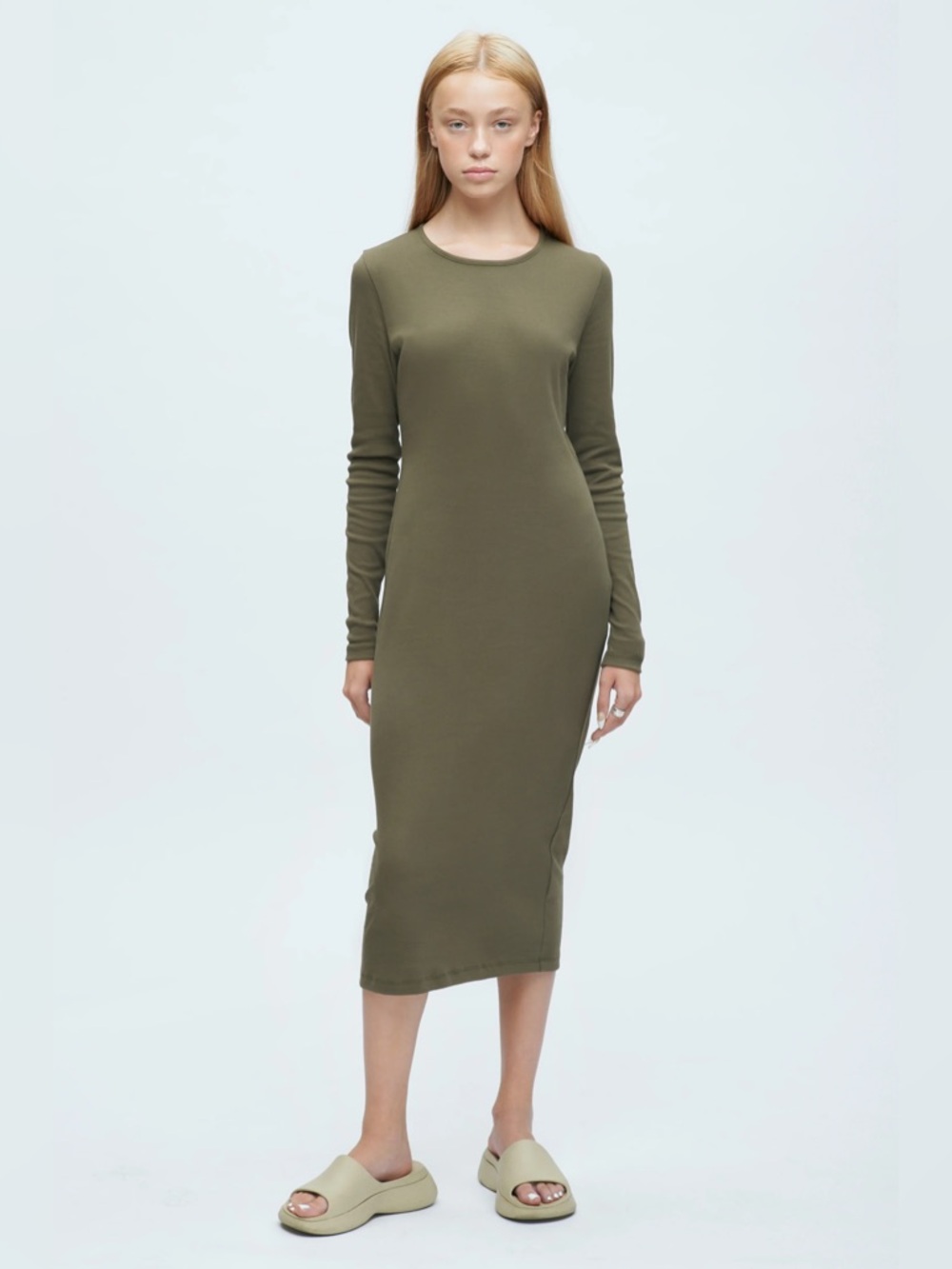 kotn jersey dress midi long sleeve - olive egyptian cotton dress S euc
